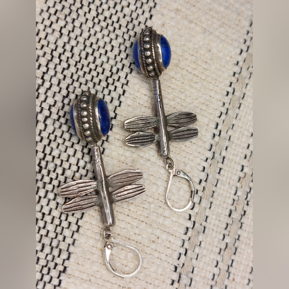 Vintage Sterling Silver Lapis Dragonfly Earrings Double-Sided Rotating Design - Picture 7 of 11